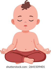 Baby sits cross-legged in lotus pose with eyes closed, meditating peacefully and calmly. The image conveys relaxation and mindfulness in a simple vector style. Serene mood.