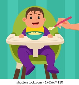The baby sits on the feeding chair and eats happily. Hand with a spoon. Vector illustration.