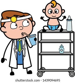 Baby Sitter Doctor Playing with Baby - Professional Cartoon Doctor Vector Illustration