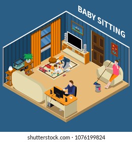 Baby Sitter During Classes With Child, Mother During Housework, Father Near Computer Isometric Composition Vector Illustration