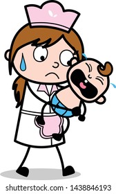 Baby Sitter Holding a Crying Baby - Retro Cartoon Waitress Female Chef Vector Illustration