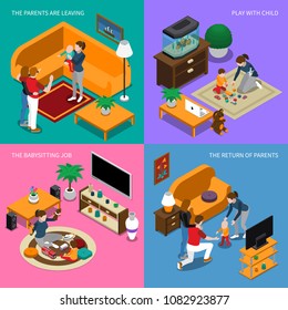 Baby Sitter Job, Parents Leaving And Returning Home, Nanny Plays With Child, Isometric Concept Isolated Vector Illustration