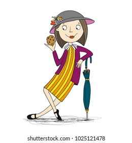 Baby sitter Mary Poppins with umbrella and chocolate cookie vector illustration. Perfect image for a children book.