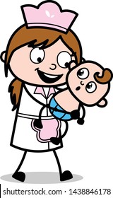 Baby Sitter Playing with Cute Baby - Retro Cartoon Waitress Female Chef Vector Illustration