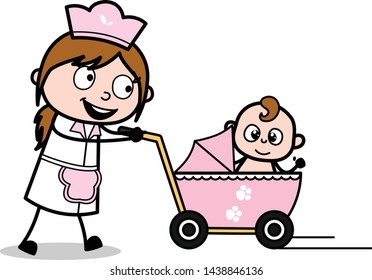 Baby Sitter with Baby in Stoller - Retro Cartoon Waitress Female Chef Vector Illustration