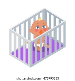 Baby sitting in the bassinet with dummy. New born child. Education of a child during the first year. Parenthood concept. Nursery, education at home. Part of series of lifelong learning. Vector