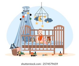 Baby sitting in crib. Nursery interior, kids room with bed and toys, newborn objects. Happy girl. Childhood and parenthood. Children sleep, cartoon flat style isolated vector concept