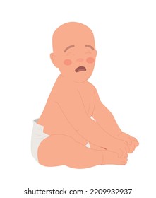 Baby sitting and crying. Sad little boy in diapers. Newborn wants to drink or pee. Sticker for social networks, graphic element for website. Emotions and feelings. Cartoon flat vector illustration