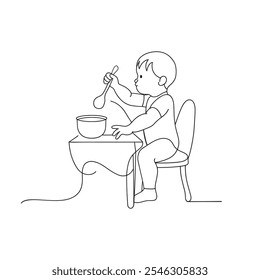 Baby sitting in a high chair, eagerly reaching for a bowl of food placed in front of them doodle line art flat vector illustration