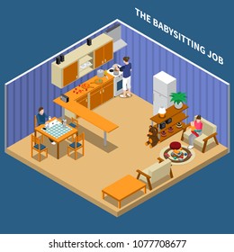 Baby sitting job isometric composition with mother at kitchen, father during work, nanny with child vector illustration 