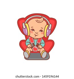 Baby sitting on car seat. Calm baby drive, listen music, audiobook in headphones. Baby on board. Child safe and comfortable travel.Color vector illustration. Happy kid smile. 