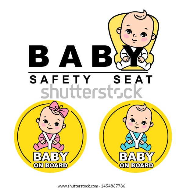 車の座席に座っている赤ちゃん 赤ちゃんのロゴタイプ ベビーセーフティーシートのエンブレム 車のステッカー 赤ちゃんが乗っているアイコン 車の記号の子ども の安全運転 ベクターイラストのセット 幸せな子供の笑顔 のベクター画像素材 ロイヤリティフリー