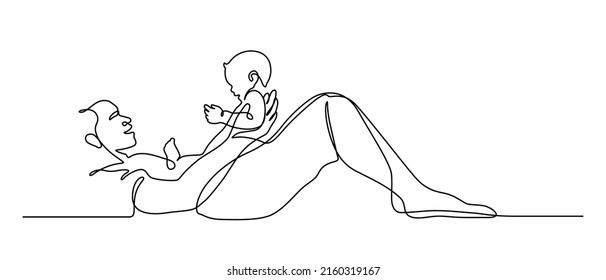 Baby sitting on father's body lay down on ground line art vector illustration. One line drawing and continuous style