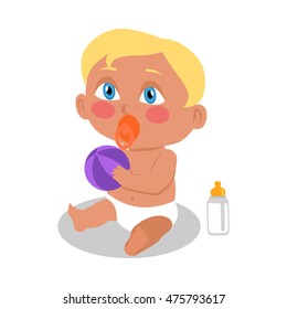 Baby sitting on the floor with a ball. New born child. Education of a child during the first year. Parenthood concept. Nursery, education at home. Part of series of lifelong learning. Vector