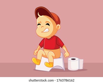 Baby Sitting On The Potty Vector Cartoon Illustration. Pot Training With Little Kid Feeling Stomach Ache Having Slow Digestion
