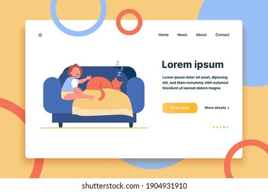 Baby sitting on sofa with sleeping cat. Pet, baby, child flat vector illustration. Domestic animals and childhood concept for banner, website design or landing web page