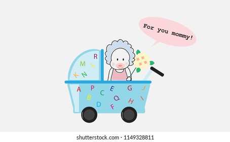 A baby sitting on the stroller and give flower to mommy,vector illustration hand draw.