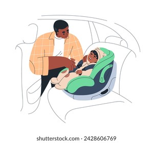 Bebé sentado en el asiento de seguridad del coche. Padre sujetando al niño en silla de auto para niños pequeños. Lindo niño pequeño en el portador. Papá padre viaja con niño pasajero. Ilustración vectorial plana aislada sobre fondo blanco