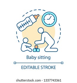 Baby sitting service concept icon. Babysitter idea thin line illustration. Playing with kid, child feeding. Kindergarten. Childcare. Vector isolated outline drawing. Editable stroke