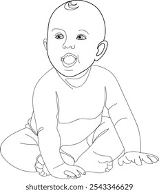 baby sitting and smiling, Hand drawn in thin line style