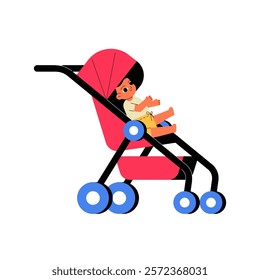 Baby Sitting In Stroller In Flat Vector Illustration Symbolizing Parenting, Child Mobility, And Family Care, Isolated On White Background