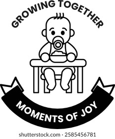 A baby is sitting at a table with a bowl of food in front of him in the style of sign illustrations