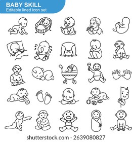 Baby skill icon set in line art style. Cute vector illustrations of infant activities, emotions, milestones, postures, learning stages, crawling, sleeping, feeding, playing, and development