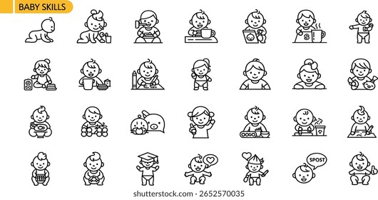 Baby Skills line icon set. Vector pictograms of toddler crawling, feeding, motor coordination, drinking, drawing, empathy, exploration, speech, thin