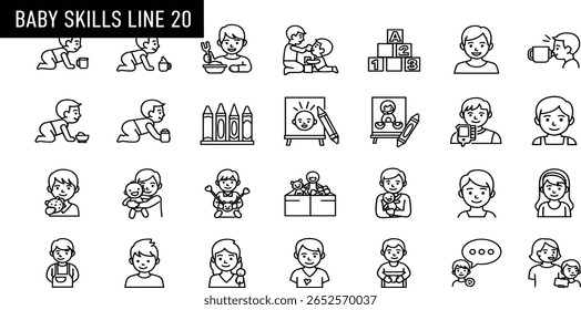 Baby Skills line icon set. Vector pictograms of toddler crawling, feeding, motor coordination, drinking, drawing, empathy, exploration, speech, thin