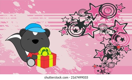 baby skunk chibi cartoon background holding gift box vector format