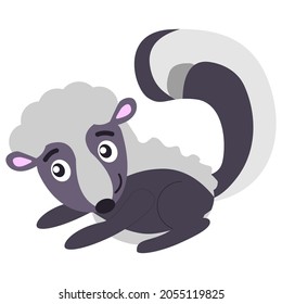 Baby skunk lying and smiling isolated. Black, violet grey and pink. Flat cartoon style. Cute and funny. Animal character. Graphic children design. Nature and ecology. Post card, poster, print