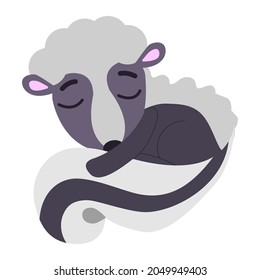 Baby skunk sleeping and smiling isolated. Black, violet grey and pink. Flat cartoon style. Cute and funny. Animal character. Graphic children design. Nature and ecology. Post card, poster, print