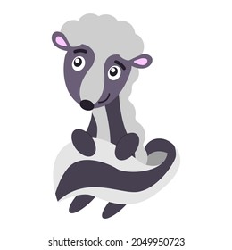 Baby skunk standing and smiling isolated. Black, violet grey and pink. Flat cartoon style. Cute and funny. Animal character. Graphic children design. Nature and ecology. Post card, poster, print