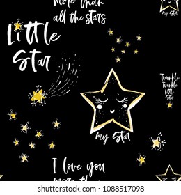Baby sky seamless pattern background with cute star, motivational texts, doodle stars. Doodle hand drawn illustration in watercolor scandinavian style. White, yellow, gray graphic on black background.