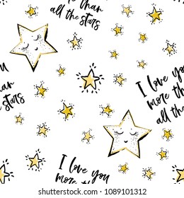 Baby sky seamless pattern background with cute star, I love you more than all the stars text, stars. Doodle illustration in watercolor scandinavian style. Black, yellow graphic on white background.