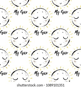 Baby sky seamless pattern background with cute sun. Simple doodle hand drawn illustration in watercolor scandinavian style. Black, yellow, gray graphic on white background.