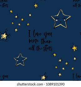 Baby sky seamless pattern background with cute star, I love you more than all the stars text, stars. Doodle illustration in watercolor scandinavian style. Black, yellow graphic on dark blue background