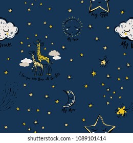Baby sky seamless pattern background with cloud, sun, crescent moon, giraffe family, doodle stars. Hand drawn illustration in watercolor scandinavian style. Black, yellow graphic on dark blue backdrop