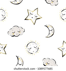 Baby sky seamless pattern background with cloud, cute star, sun, crescent moon. Simple doodle hand drawn illustration in watercolor scandinavian style. Black, yellow, gray graphic on white background.
