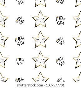 Baby sky seamless pattern background with cute star and little star text. Simple doodle hand drawn illustration in watercolor scandinavian style. Black, golden yellow graphic on white background.