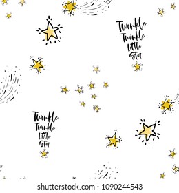 Baby sky seamless pattern background with twinkle twinkle little star text and golden stars. Doodle hand drawn illustration in watercolor scandinavian style. Black, yellow graphic on white background.