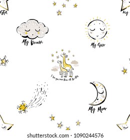 Baby sky seamless pattern background with cloud, sun, crescent moon, giraffe family, doodle stars. Hand drawn illustration in watercolor scandinavian style. Black, yellow graphic on white background.