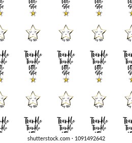 Baby sky seamless pattern background with cute star and twinkle twinkle little star text. Simple hand drawn illustration in watercolor scandinavian style. Black, yellow graphic on white background.