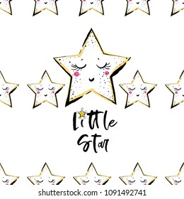 Baby sky seamless pattern background with cute star and little star text. Simple doodle hand drawn illustration in watercolor scandinavian style. Black, golden yellow graphic on white background.
