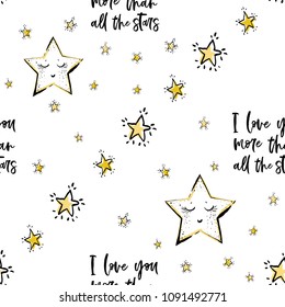 Baby sky seamless pattern background with cute star, I love you more than all the stars text, stars. Doodle illustration in watercolor scandinavian style. Black, yellow graphic on white background.