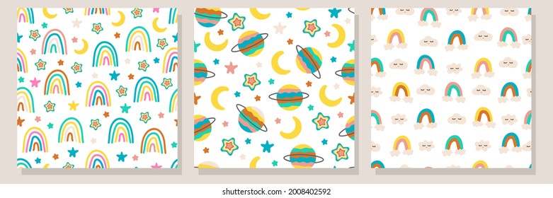 Baby sky seamless pattern set. Backgrounds with planets, rainbows, stars and clouds in nordic style and bright colors