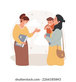 Baby sleep coach isolated cartoon vector illustration. Mother talking with baby sleep consultant, young parent workshop, kids bedtime issues, sleeping hygiene course, assistance vector cartoon.