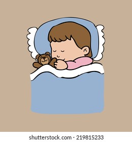 Baby sleep on bed with bear doll