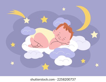 El bebé duerme en la nube. Diseño de tarjetas para recién nacidos que duermen. Caricatura sueño de niño nacido lindo, cumpleaños de guardería o afiche de fiesta, diseño de vector kicky