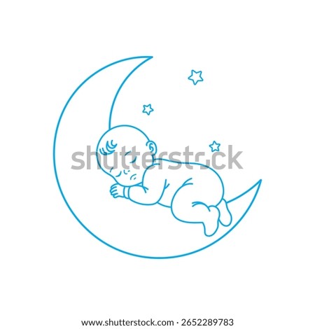 Baby Sleep on The Moon Vector Image, Linear Outline Baby Sleeping Vector Illustration, Decorative Element Baby Toddler Sleep on The Moon Vector Image, Kids, Children, Kids Bedtime.